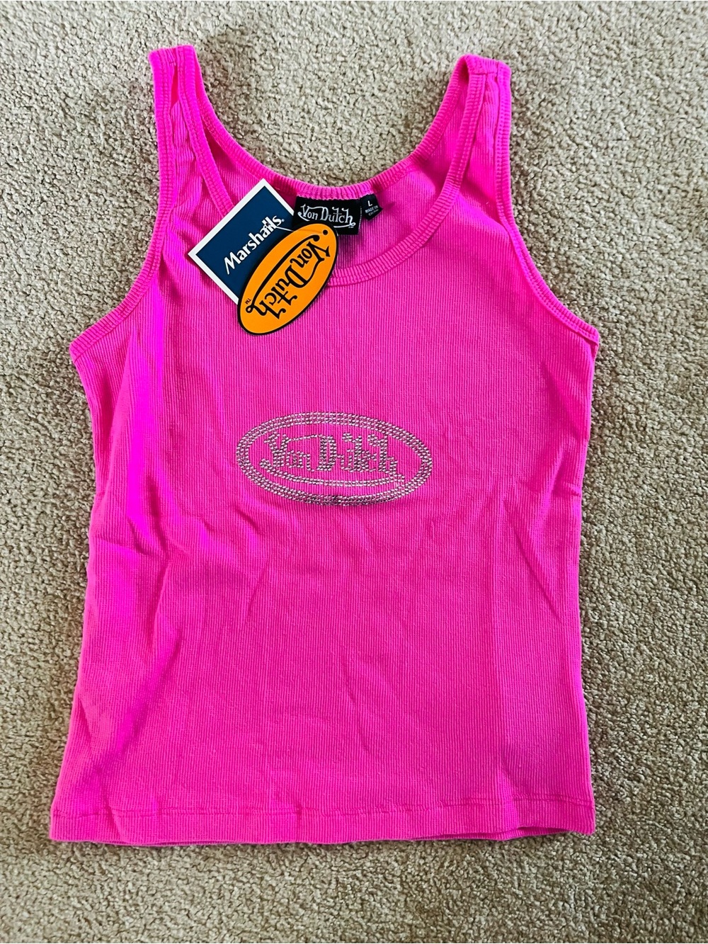 Von Dutch Bright Hot Pink Rhinestone Logo Tank Top